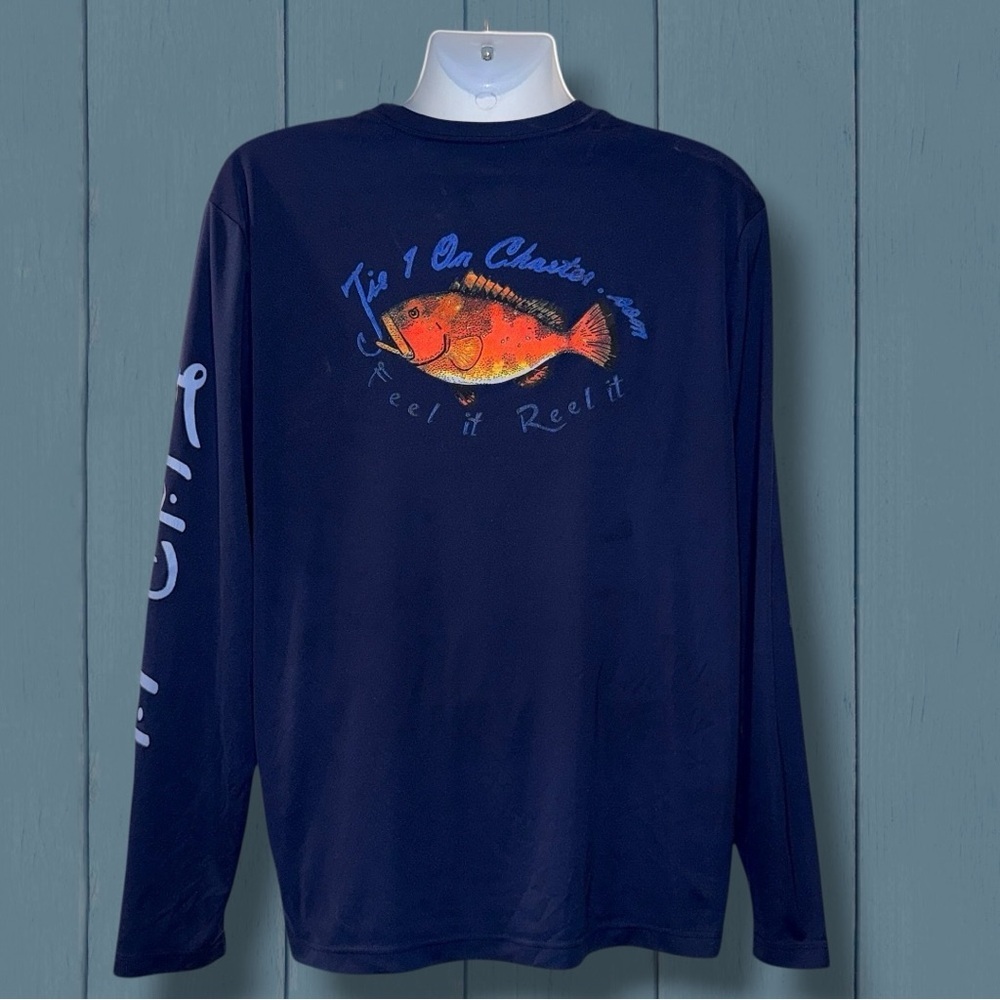 Men’s Long Sleeve Fishing Shirt – Tie 1 On Charters – UPF Graphic Fish Navy (L)